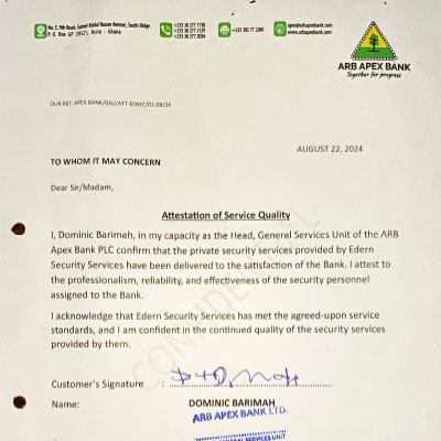 Attestation of Service Quality by ARB APEX Bank